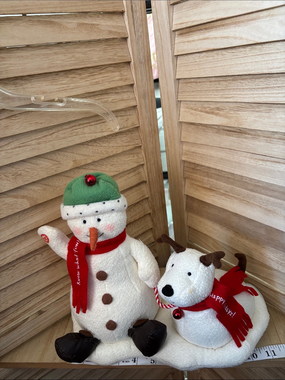 Battery Operated Holiday Snowman & Dog Plush Set - White and Red Untested